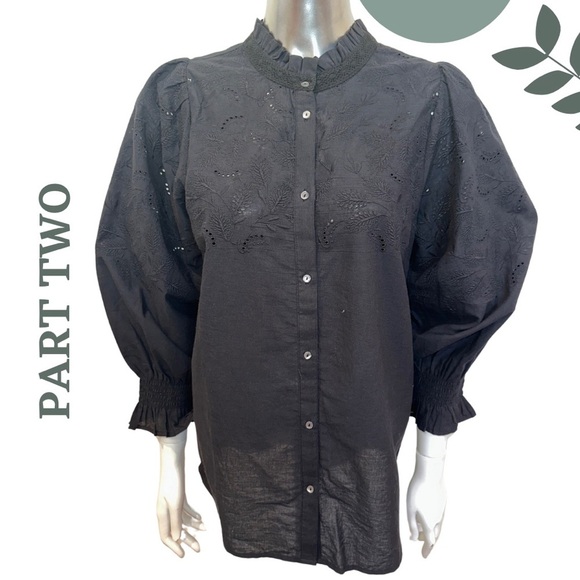 Part Two Black Statement Blouse | Eyelet Embroidered Puff Sleeve Shirt Size 8 - Picture 2 of 8